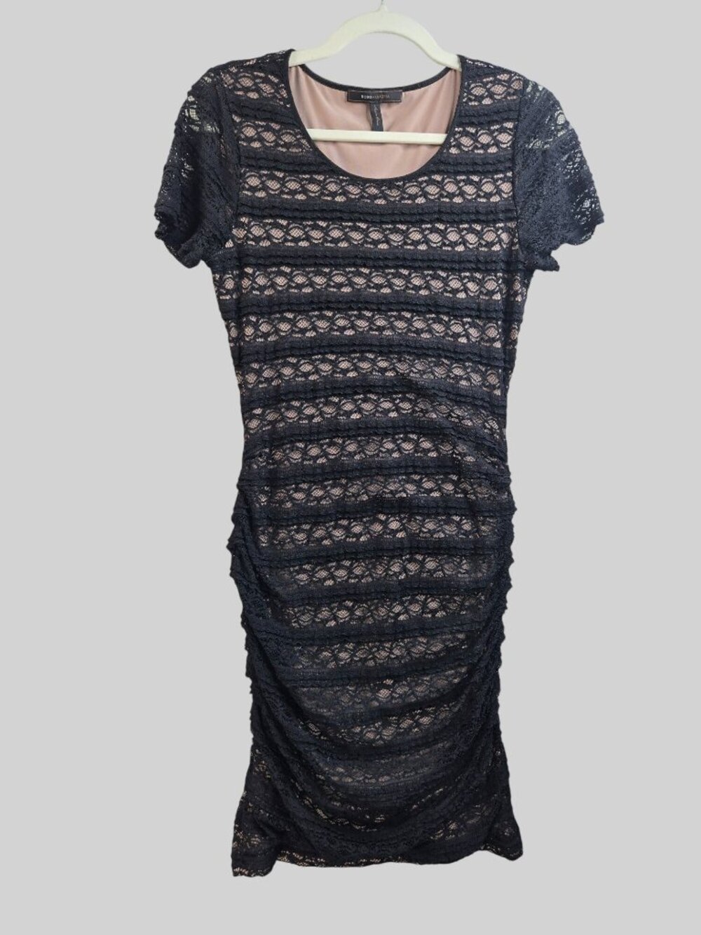 Ruched‎ Bodycon Mini Dress Black Lace Short Sleeve Stretchy LBD Formal Glam Chic